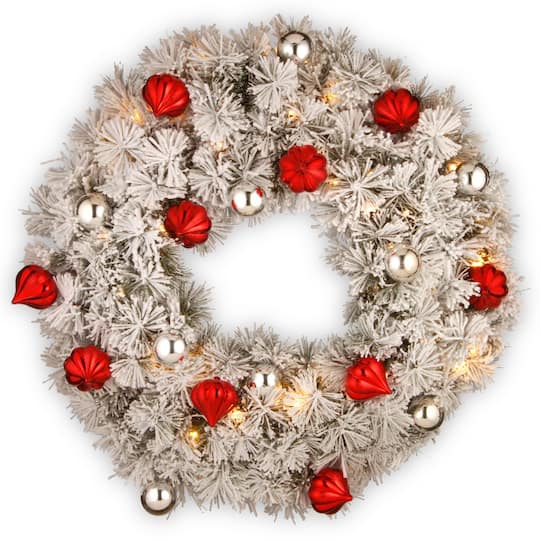 30&#x22; Snowy Bristle Pine Wreaths with Red &#x26; Silver Ornaments &#x26; 70ct. Warm White Battery Operated LED Lights with Timer